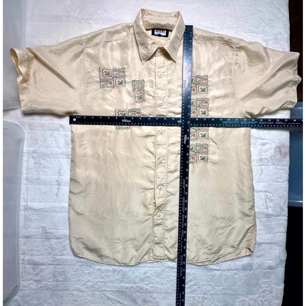VTG 90s MANI Giorgio Armani 100% Silk Embroidered Boho Shirt Large Sand Washed - Picture 7 of 7